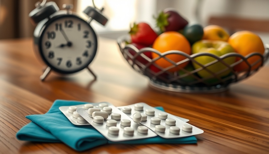 Cialis vs Viagra in the UAE: Close-up of pills with alarm clock and fruit bowl on wooden table.