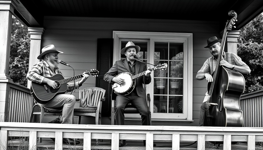 Black and white photo of musicians at Oakhurst Porchfest performing on a porch.