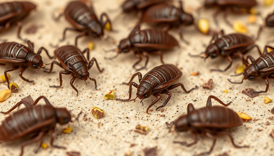 Edible Dubai chocolate cockroaches on textured surface with pistachios and chocolate.
