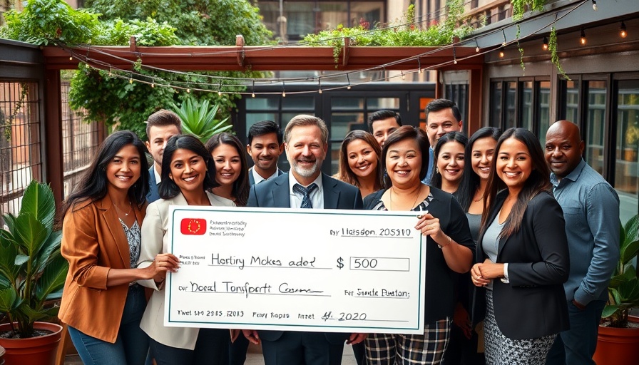 Diverse group with check supporting legacy businesses in Atlanta.