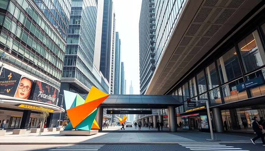 Five Points Station with modern sculptures and urban architecture.