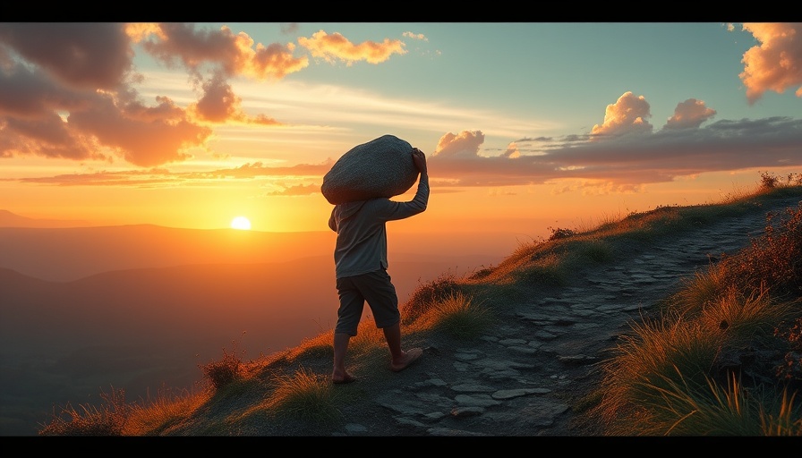 Elderly man overcoming regrets while walking uphill at sunrise.