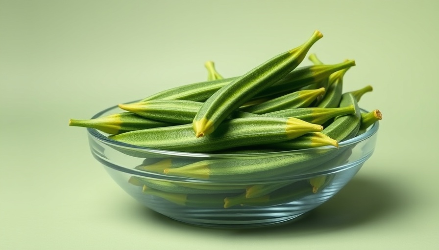Glass bowl of okra promoting vegan collagen-rich foods for joints.