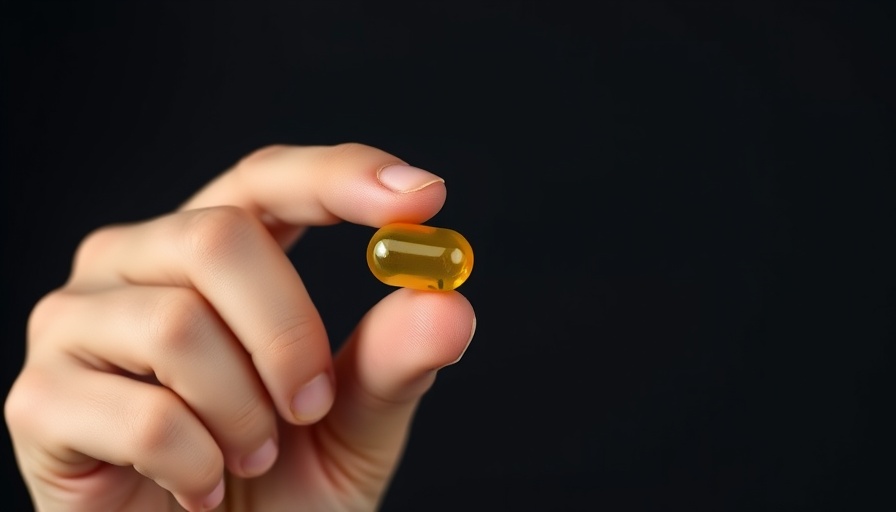 Close-up of yellow vitamin capsule in hand for nighttime muscle recovery.