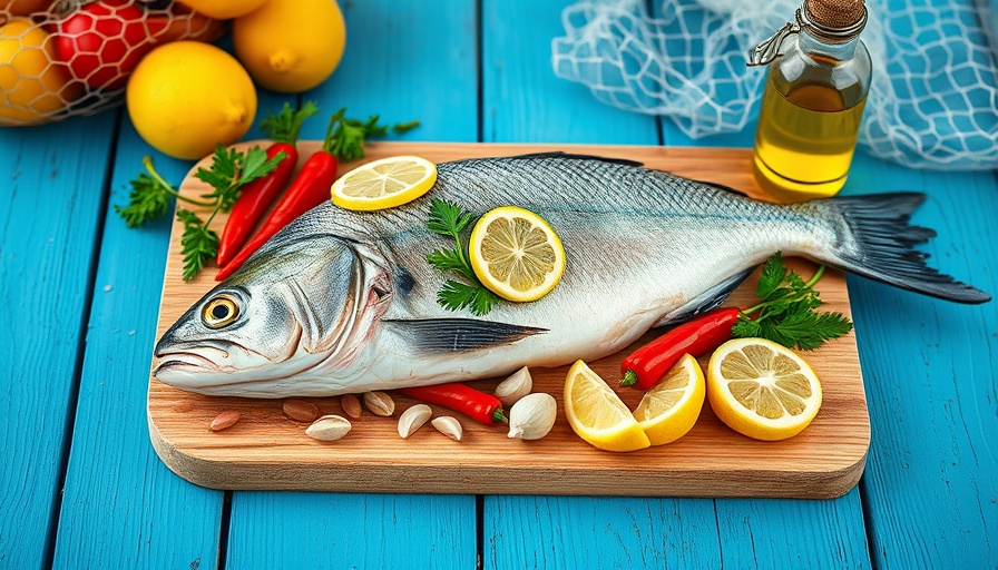 Fresh fish and fish oil on blue wood background, highlighting the health benefits of fish oil.