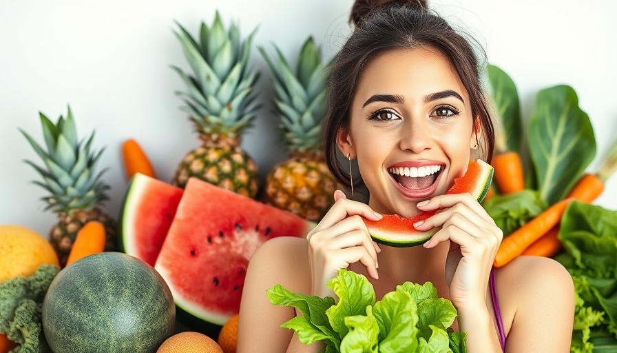 Assorted healthy foods and a woman enjoying fruit, promoting eye health