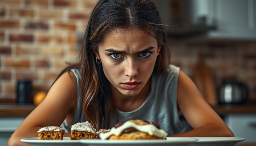 Stressed woman facing ultra-processed food addiction challenge in kitchen.