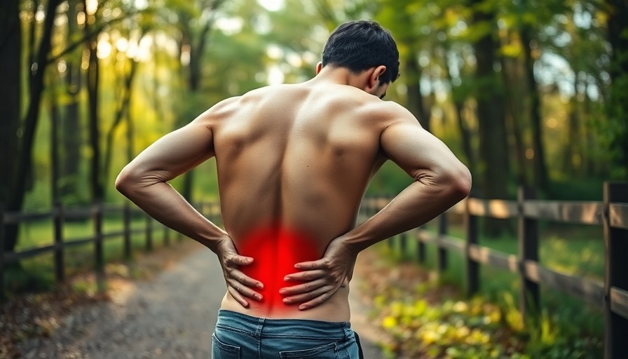 Young man holding back on wooded path for chronic back pain prevention.