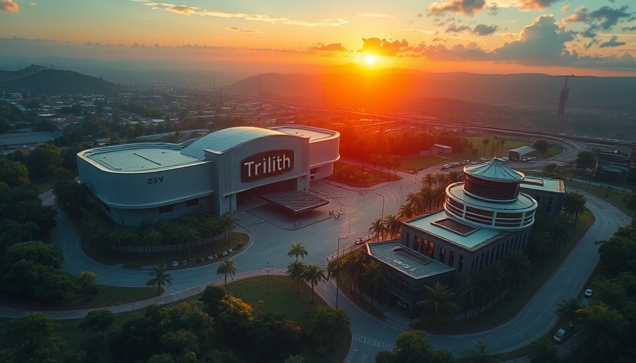 Trilith Studios aerial view at sunset, showcasing modern architecture.
