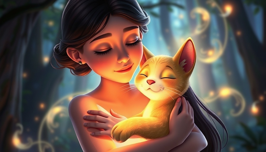 Mystical forest healing scene with woman and spirit cat.
