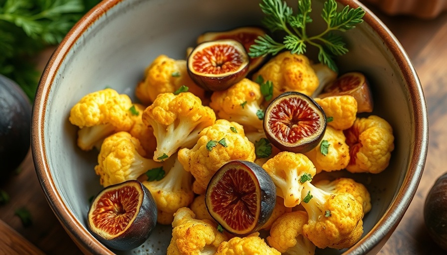 Easy Cauliflower with figs recipe in a ceramic bowl, top view.