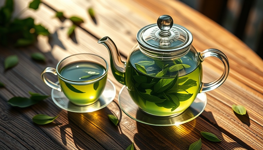 Green tea set on wooden table, highlighting fat burning properties.