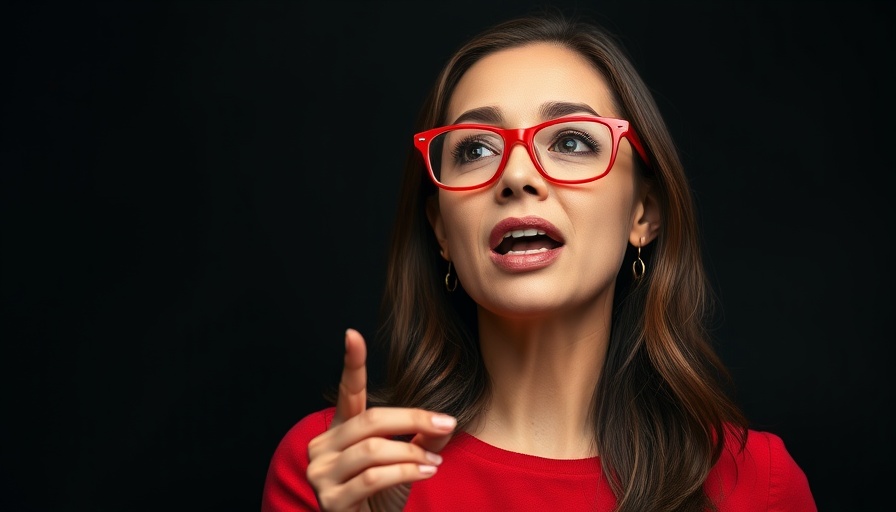 Combat Sedentary Death Syndrome text with woman speaking, red glasses.