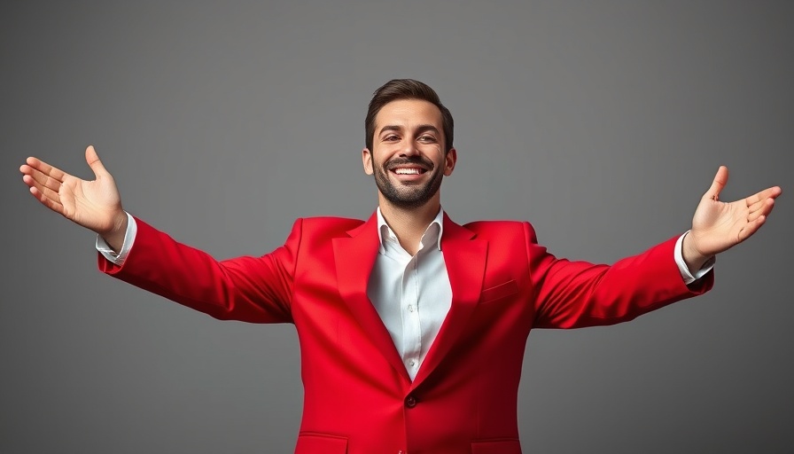 Man in red suit with bow tie at AJFF Gala Concert, smiling broadly.