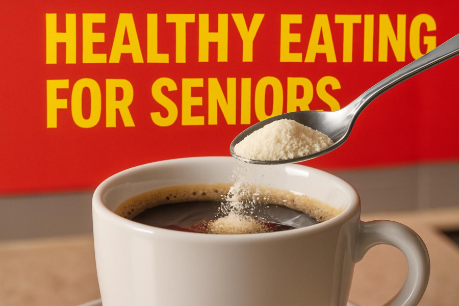Benefits of adding powders to coffee for seniors, vivid coffee cup scene.