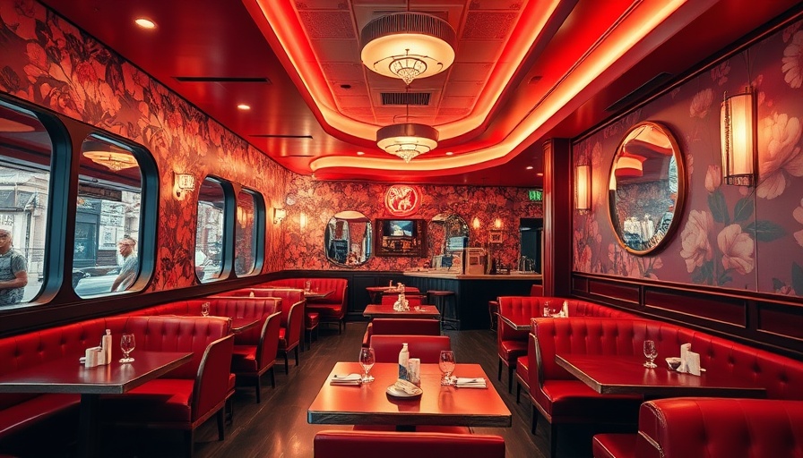 Midtown Atlanta rooftop dining in a chic retro-style restaurant with floral wallpaper and plush seating.