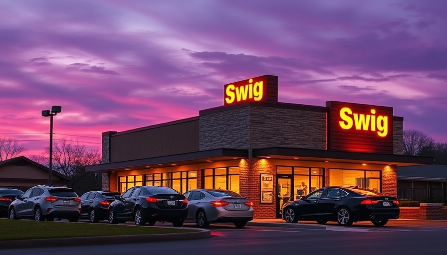 Swig drive-thru at dusk with cars, branded signage