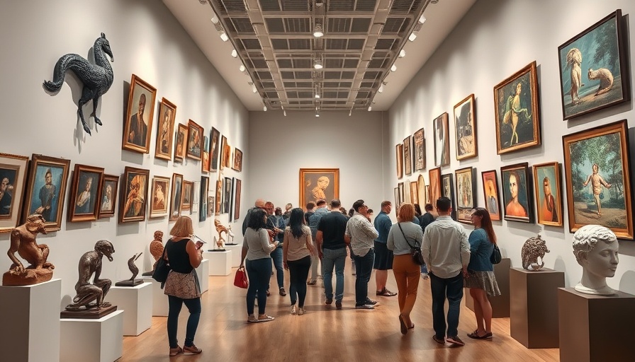 Art exhibition visitors engaged with diverse artworks in Atlanta gallery.
