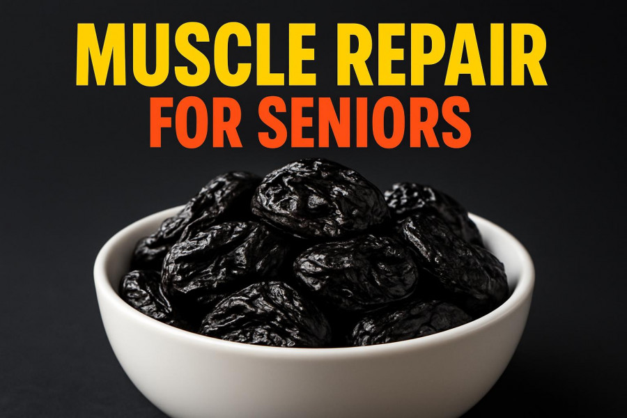 Food that Rebuilds Muscle for Seniors, prunes in white bowl, bold text.