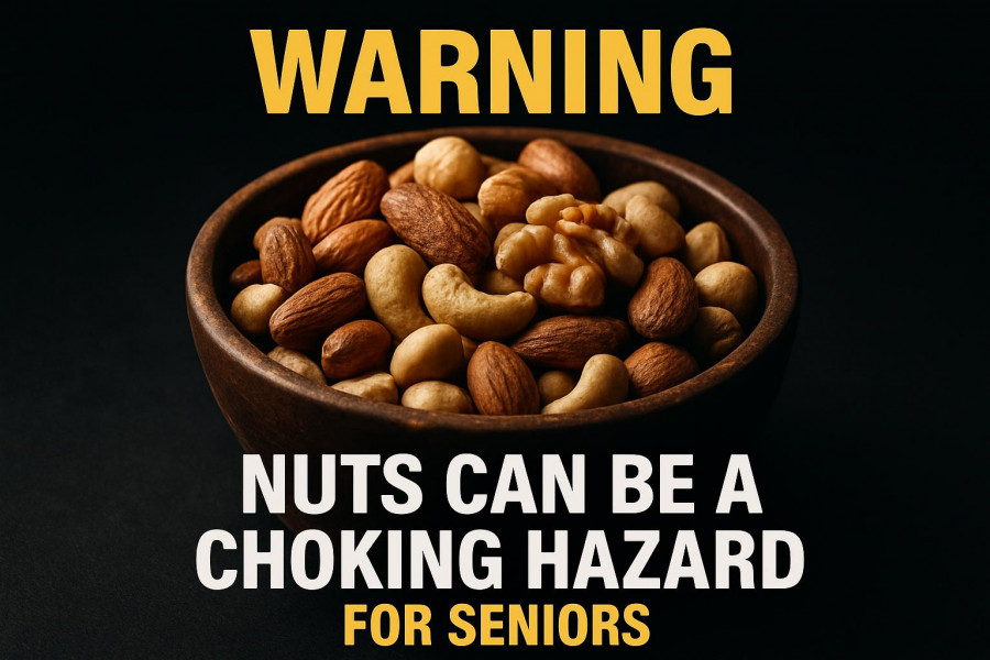 Nuts to eat and avoid after 60: warning graphic with nuts bowl.