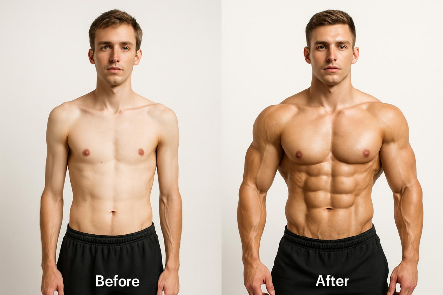 Lean male body transformation showcasing muscle growth comparison.