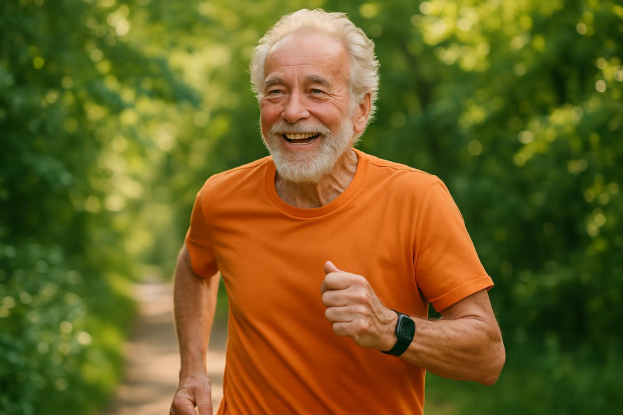 Smiling man jogging in nature, illustrating how exercise supports the immune system.