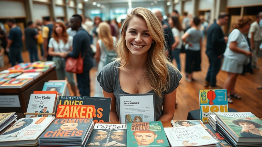 Friendly woman at Atlanta Book Zine Fair displaying colorful zines and books.