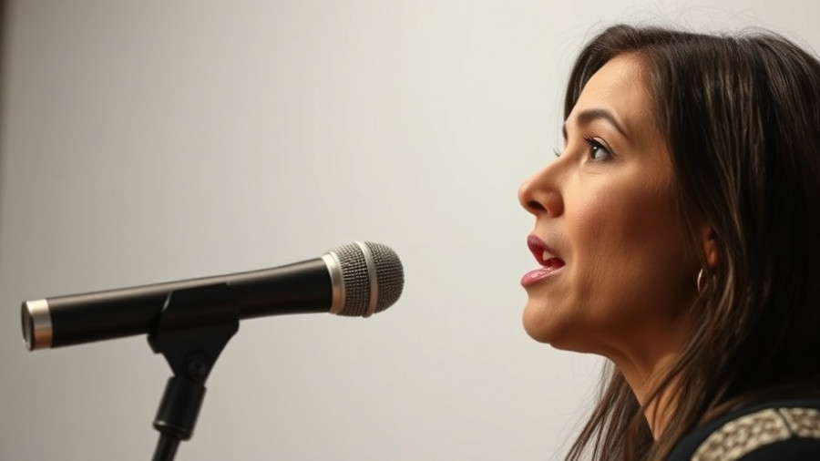 Focused woman speaking urgently into microphone, health message