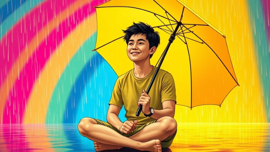 Serene young man balancing full spectrum emotions under a yellow umbrella.