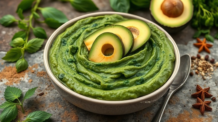 Vibrant dairy-free creamed spinach with avocado topping and spices.