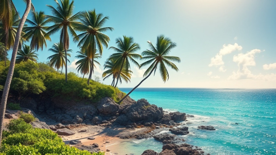 Barbados coastline with palm trees and blue ocean.