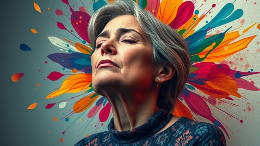 Midlife woman in grief with vibrant abstract colors, symbolizing emotional turmoil.