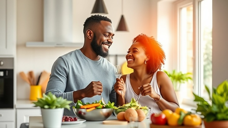 Black couple enjoying a healthy meal, promoting sexual well-being and intimacy.