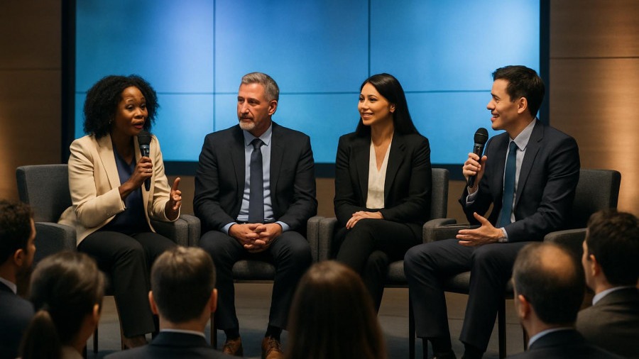 Panel discussion on economic equity featuring diverse speakers at a modern conference.