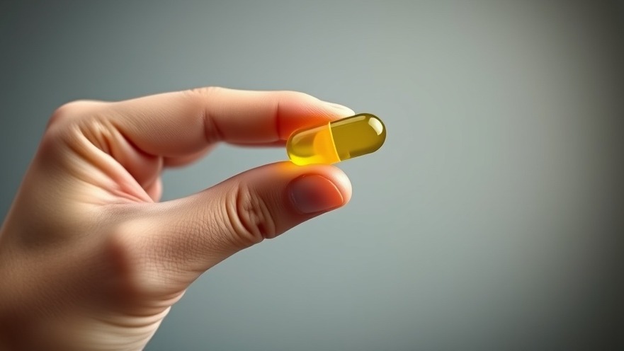 Close-up of a hand holding a yellow capsule for nighttime vitamins and muscle repair.