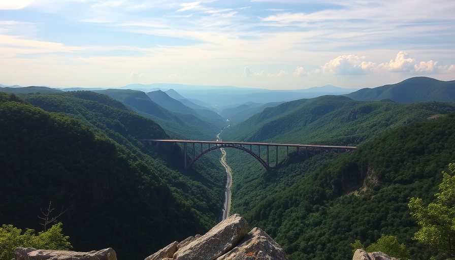Scenic view of New River Gorge bridge and forest landscape.