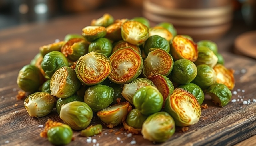 Crispy air fryer Brussels sprouts on wooden table.