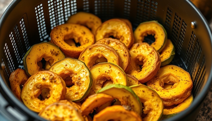 Crispy air fryer delicata squash slices in basket on countertop.