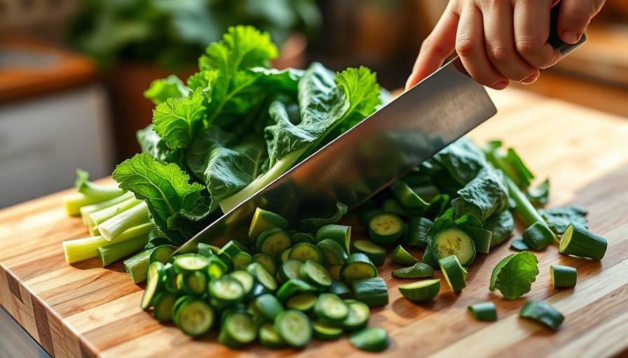 Skillfully cutting vibrant collard greens on a wooden board.