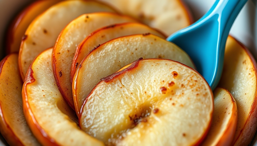 Easy cinnamon apples in a bowl with a blue spoon.