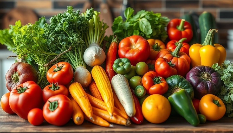 Colorful vegetables on rustic counter showcasing plant forward eating.