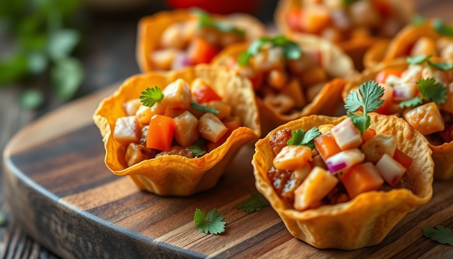 Vibrant mini taco cups on rustic board, fresh ingredients.