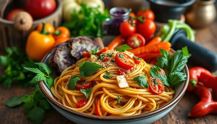 Colorful vegan pasta primavera with fresh vegetables on wooden table.