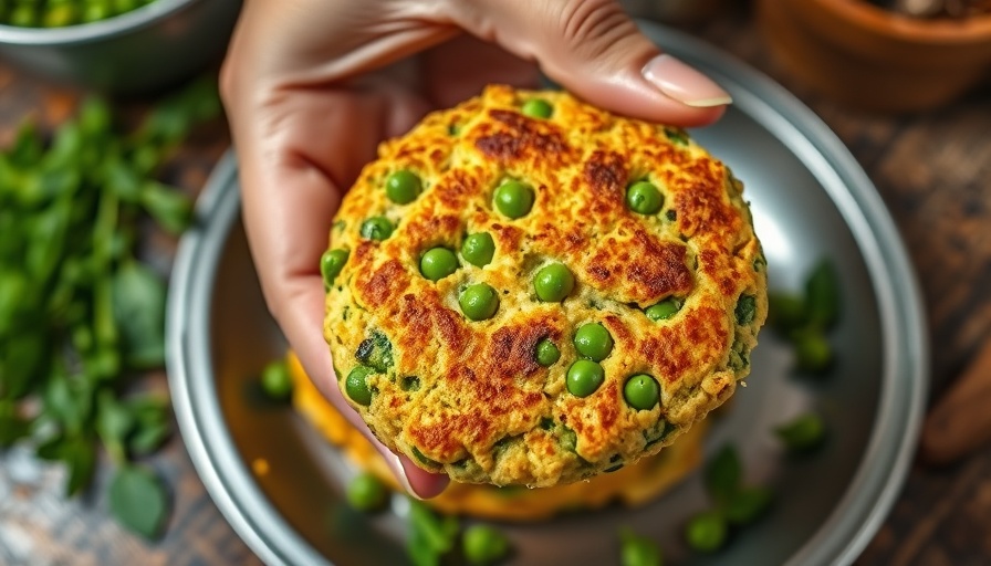 Golden-brown green pea patties held in hand with rustic background.