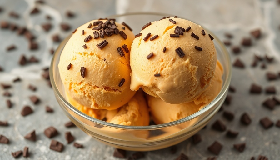 Dairy-free pumpkin ice cream with chocolate chunks on a stone surface.