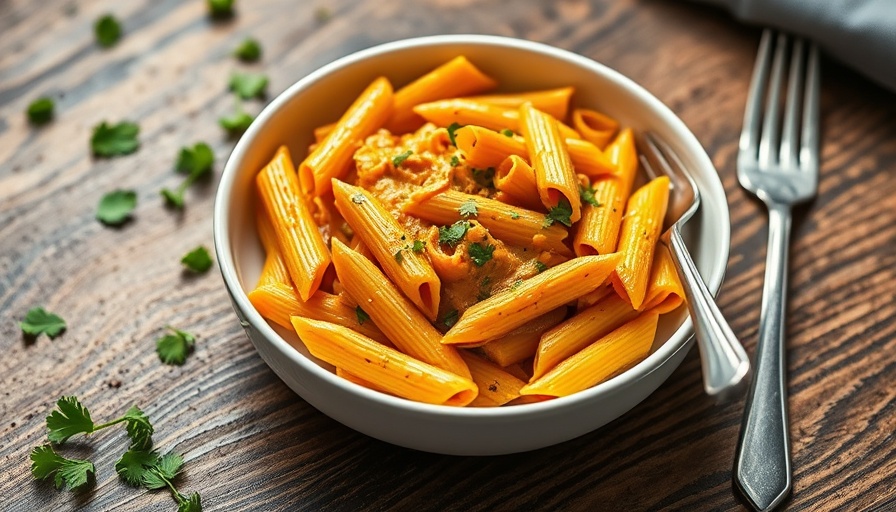 Spicy butternut squash pasta in a bowl with parsley garnish.