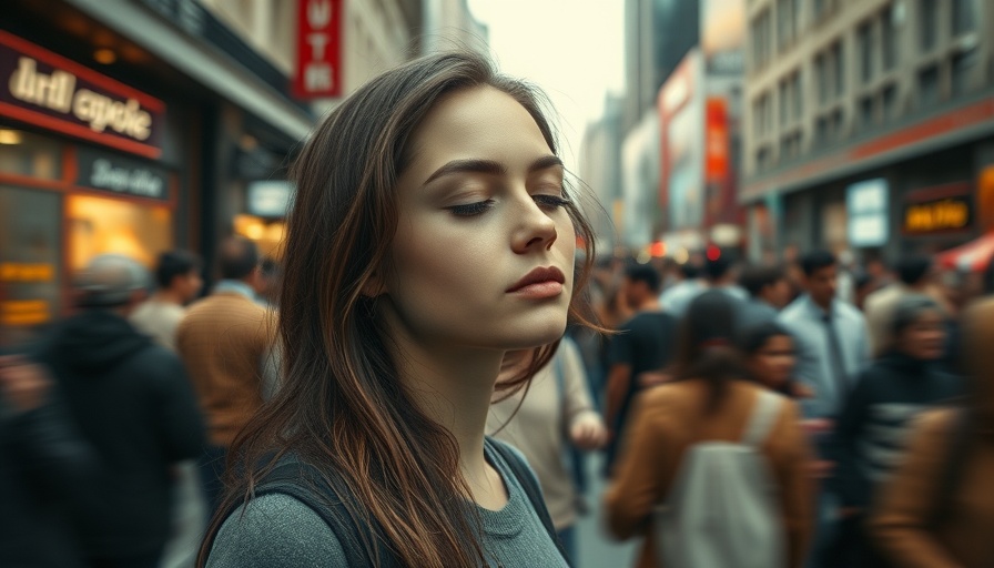 Serene woman practices mindfulness in bustling city, illustrating formal vs. informal mindfulness.