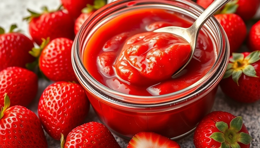 Vibrant strawberry chutney in a glass jar with fresh strawberries on stone surface.