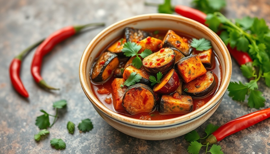 Pan-fried eggplant curry with fresh herbs and chili on a rustic surface.