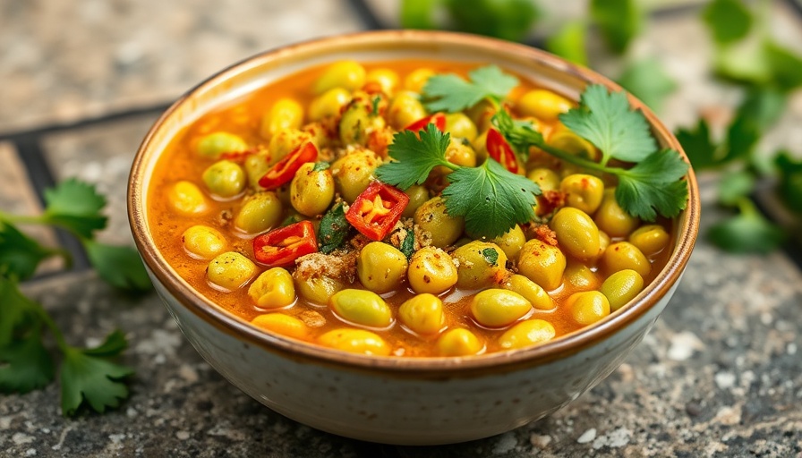 One-pot easy edamame curry in a white bowl topped with herbs.